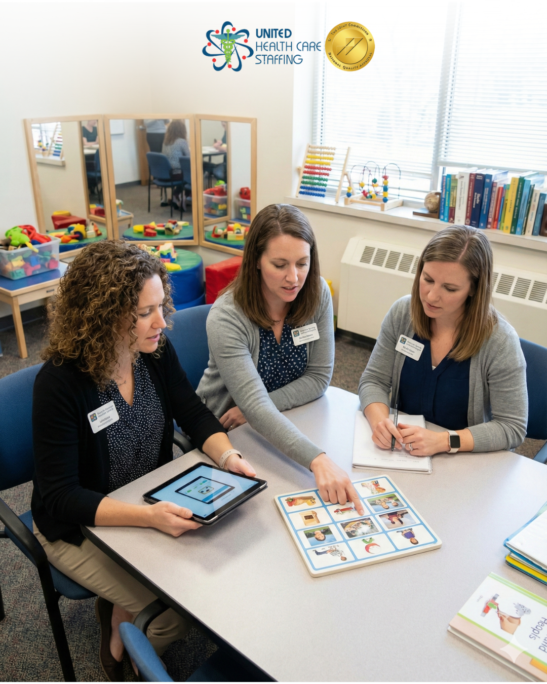 A speech-language pathologist conducting a therapy session with an adult patient.